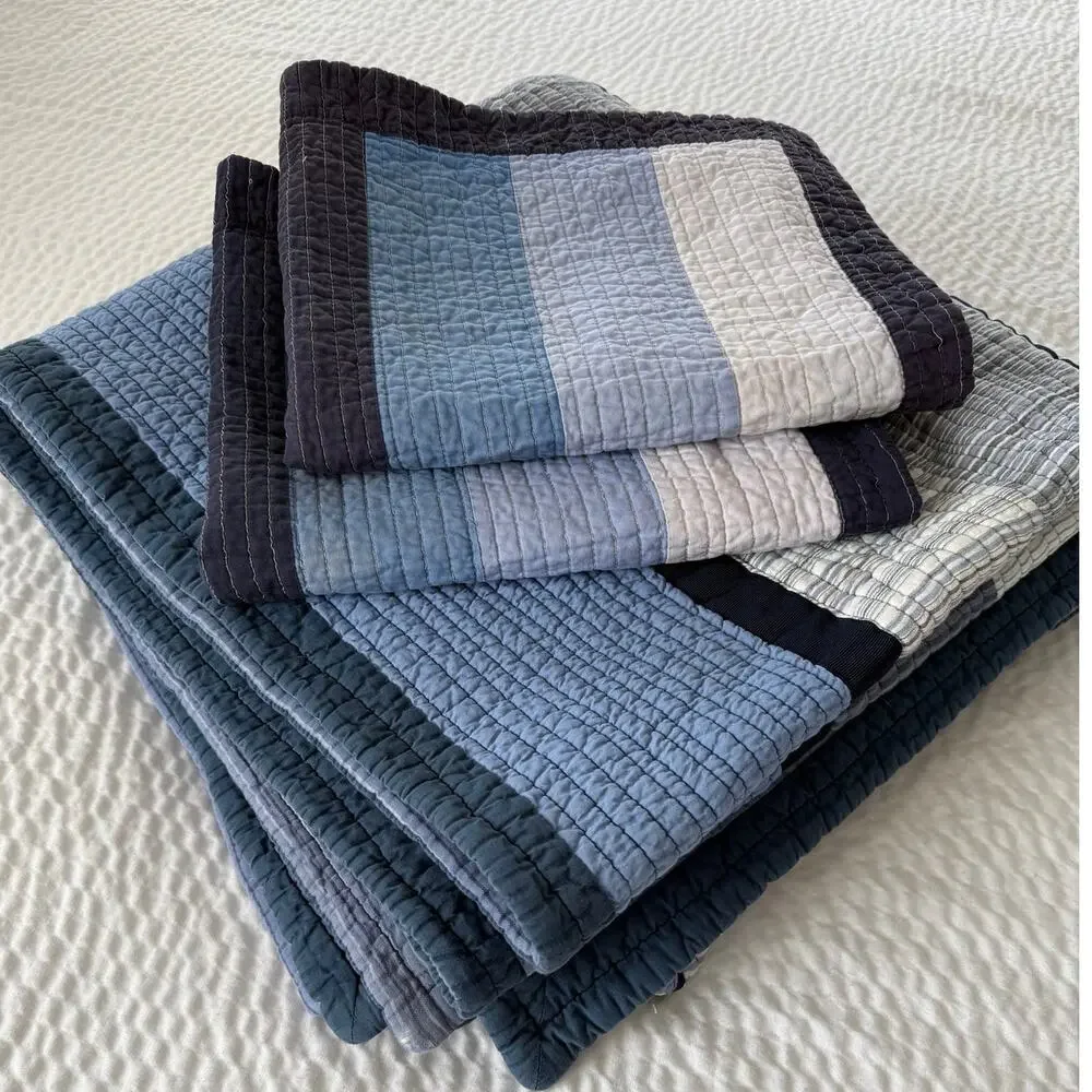 Nautica Coastal Quilt Bedspread Full Queen Blue Plaid Cotton 2 Pillow Shams READ